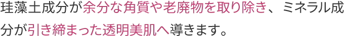 珪藻土成分が余分な角質や老廃物を取り除き、ミネラル成分が引き締まった透明美肌へ導きます。