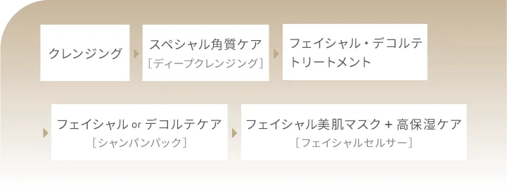 クレンジング→スペシャル角質ケア（ディープクレンジング）→フェイシャル・デコルテトリートメント→
                    フェイシャル or デコルテケア（シャンパンパック）→フェイシャル美肌マスク＋高保湿ケア（フェイシャルセンサー）