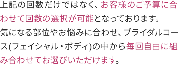 上記の回数だけではなく、お客様のご予算に合わせて回数の選択が可能となっております。
                気になる部位やお悩みに合わせ、ブライダルコース(フェイシャル・ボディ)の中から毎回自由に
                組み合わせてお選びいただけます。