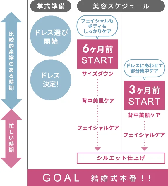 挙式の準備期間のうち、比較的余裕のある時期と忙しい時期に分けて
                    美容スケジュールをご提案いたします。GOALである結婚式本番に向けて
                    花嫁さまを美しいシルエットに仕上げていきます。