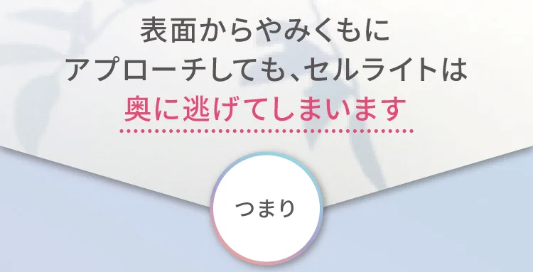 表面からやみくもに
        アプローチしても、セルライトは
        奥に逃げてしまいます つまり・・・