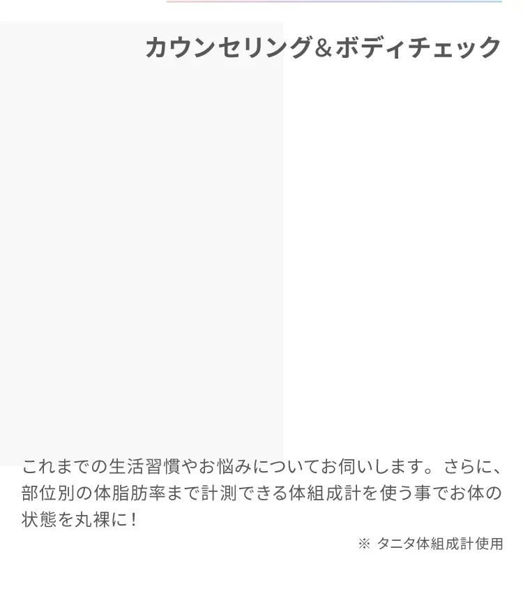 カウンセリング&ボディチェック
                    これまでの生活習慣やお悩みについてお伺いします。
                    さらに、部位別の体脂肪率まで計測できる体組成計を使う事でお体の状態を丸裸に！