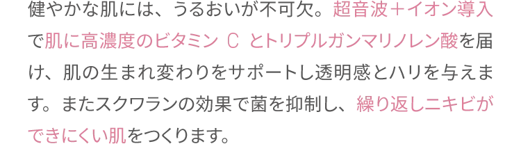 健やかな肌には、うるおいが不可欠。
                超音波＋イオン導入で肌に高濃度のビタミンCとトリプルガンマリノレン酸を届け、
                肌の生まれ変わりをサポートし透明感とハリを与えます。またスクワランの効果で菌を抑制し、
                繰り返しニキビができにくい肌をつくります。