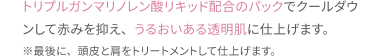 トリプルガンマリノレン酸リキッド配合のパックでクールダウンして赤みを抑え、
                うるおいある透明肌に仕上げます。
                ※最後に、頭皮と肩をトリートメントして仕上げます。