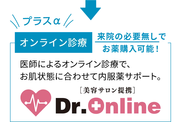 プラスアルファ！オンライン診療 自宅で内側から！来院の必要無しでお薬購入可能
                医師によるオンライン診療で、お肌状態に合わせて内服薬サポート
                美容サロン提携 Dr.Online