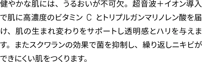 健やかな肌には、うるおいが不可欠。超音波＋イオン導入で肌に高濃度のビタミンCとトリプルガンマリノレン酸を届け、肌の生まれ変わりをサポートし透明感とハリを与えます。またスクワランの効果で菌を抑制し、繰り返しニキビができにくい肌をつくります。